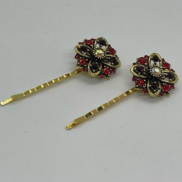 Handmade Red Brown Rhinestone Gold Set Hair Clips HoCo Wedding Fairy Jewelry NWT - Picture 6 of 6